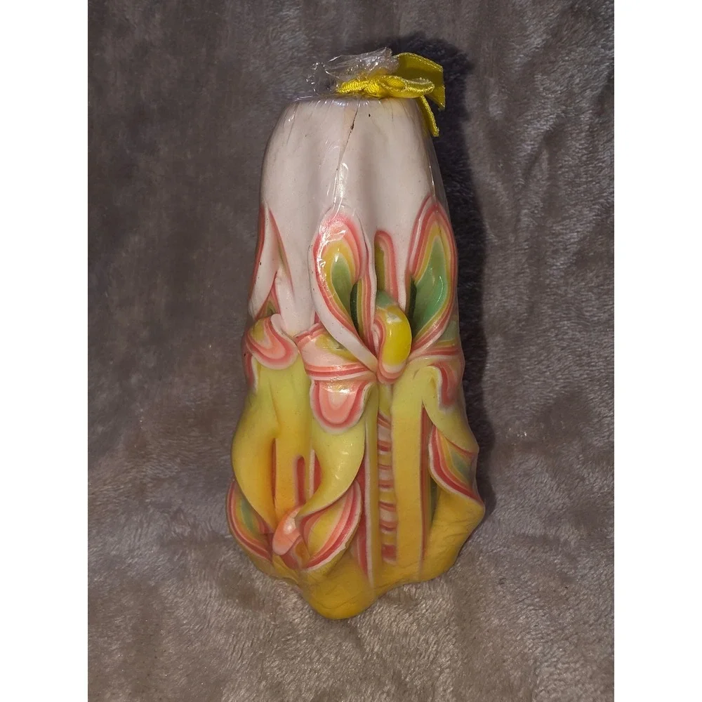 Vintage Hand Carved Pillar Candle Yellow Pink Green Layered Ribbon Wax Art Decor